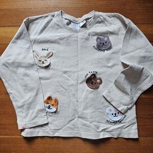 Zara Cream Long-Sleeve Top with Cute Animal Patches